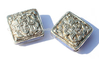 2 beads - Tibetan Repousse Tibetan Silver Endless Knot Square Focal Beads with Lapis Inlays - Infinity Knot - B1703