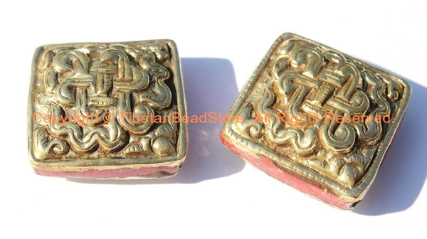2 BEADS - Tibetan Repousse Brass Endless Knot Square Focal Beads with Red Copal Coral Inlays - Infinity Knot - B1700