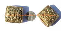 2 BEADS - Tibetan Repousse Brass Endless Knot Square Focal Beads with Red Copal Coral Inlays - Infinity Knot - B1700
