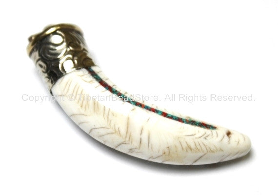1 PENDANT - Tibetan Conch Shell Horn Tooth Pendant with Tibetan Silver Cap, Turquoise & Coral Inlays - Conch Tibetan Horn - WM2720