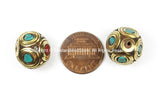 2 BEADS Nepal Tibetan Brass Inlay Beads - Brass, Turquoise, Coral Inlays- TibetanBeadStore Tibetan Beads Jewelry Supplies - B2772-2