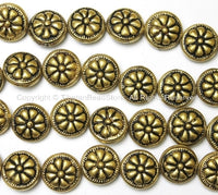 1 BEAD - Tibetan Floral Repousse Brass Bead - Ethnic Handmade Round Button Disc Beads - B1441-1