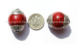 2 BEADS Tibetan Red Crackle Beads with Double Vajra Filigree Repousse Tibetan Silver Caps - Quality Ethnic Tibetan Unique Beads - B1400