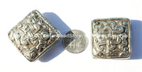 2 beads - Tibetan Repousse Tibetan Silver Endless Knot Square Focal Beads with Turquoise Inlays - Infinity Knot - B1705