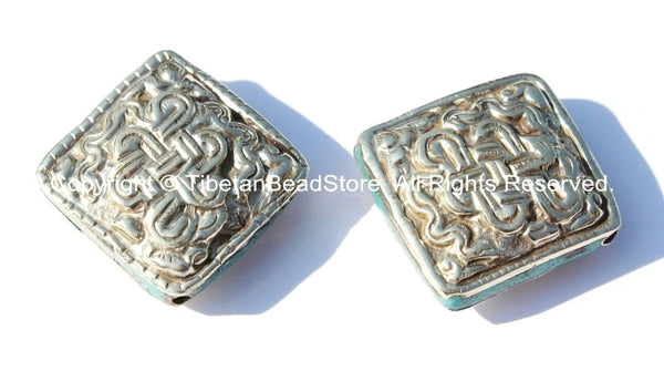 2 beads - Tibetan Repousse Tibetan Silver Endless Knot Square Focal Beads with Turquoise Inlays - Infinity Knot - B1705