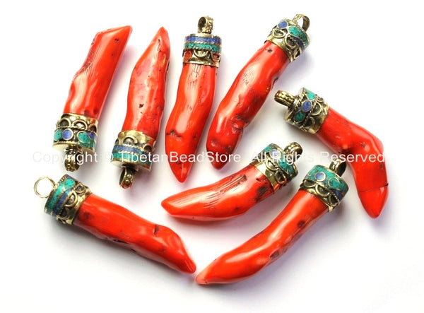 Tibetan Coral Stick Pendant with Brass Cap, Turquoise & Lapis Inlays - Ethnic Nepal Tibetan Handmade Jewelry - WM4307