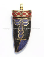 Tibetan Black Horn Tusk Amulet Pendant with Brass, Lapis & Copal Coral Inlays - Boho Tribal Ethnic Tibetan Horn Amulet - WM5035