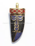 Tibetan Black Horn Tusk Amulet Pendant with Brass, Lapis & Copal Coral Inlays - Boho Tribal Ethnic Tibetan Horn Amulet - WM5035