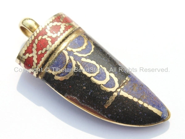 Tibetan Black Horn Tusk Amulet Pendant with Brass, Lapis & Copal Coral Inlays - Boho Tribal Ethnic Tibetan Horn Amulet - WM5035