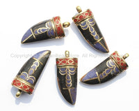 Tibetan Black Horn Tusk Amulet Pendant with Brass, Lapis & Copal Coral Inlays - Boho Tribal Ethnic Tibetan Horn Amulet - WM5035