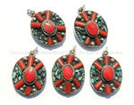 2 PENDANTS - Tibetan Flower Pendants with Turquoise & Coral Inlays - Tibetan Pendant - Boho Ethnic Tribal Tibetan Jewelry - WM6072-2