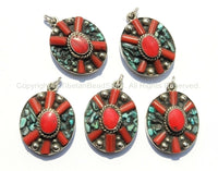 2 PENDANTS - Tibetan Flower Pendants with Turquoise & Coral Inlays - Tibetan Pendant - Boho Ethnic Tribal Tibetan Jewelry - WM6072-2