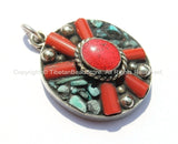 Tibetan Flower Pendant with Turquoise & Coral Inlays - Tibetan Pendant - Boho Ethnic Tribal Tibetan Jewelry - WM6072
