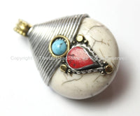 Nepalese Tibetan White Crackle Copal Pendant with Turquoise & Copal Inlays - Ethnic Nepal Tibet Tibetan Handmade Pendant Jewelry - WM4642