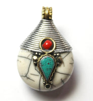 Nepalese Tibetan White Crackle Copal Pendant with Turquoise & Copal Inlays - Ethnic Nepal Tibet Tibetan Handmade Pendant Jewelry - WM4642