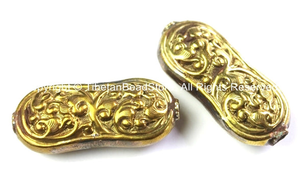 2 BEADS - Repousse Carved Brass Floral Design Curved Unique Shape Focal Pendant Tibetan Beads - Ethnic Tribal Nepalese Tibetan Beads - B2470-2