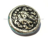 Repousse Tibetan Silver Auspicious Double Fish Round Disc Shape Tibetan Bead with Pressed Stone Side Inlay - 1BEAD - Unique Beads - B2245-1