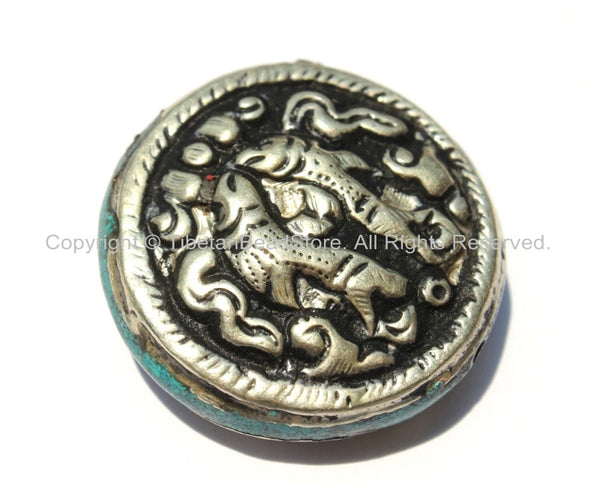 Repousse Tibetan Silver Auspicious Double Fish Round Disc Shape Tibetan Bead with Pressed Stone Side Inlay - 1BEAD - Unique Beads - B2245-1