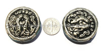 Repousse Tibetan Silver Auspicious Double Fish Round Disc Shape Tibetan Bead with Pressed Stone Side Inlay - 1BEAD - Unique Beads - B2245-1
