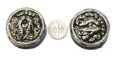 Repousse Tibetan Silver Auspicious Double Fish Round Disc Shape Tibetan Bead with Pressed Stone Side Inlay - 1BEAD - Unique Beads - B2245-1