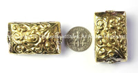 2 BEADS - Tibetan Beads - Tibetan Brass Rectangle Box Shaped Focal Beads with Repousse Carved Lotus Floral Details - Unique Beads - B2420