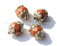 2 beads - Tibetan Brown Goldstone Beads with Repousse Tibetan Silver Caps - 13mm x 18mm - Faceted Brown Goldstone Beads - B1842-2