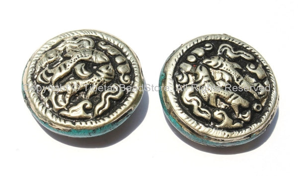 2 Beads - Repousse Tibetan Silver Auspicious Double Fish Round Disc Shape Tibetan Beads with Pressed Stone Side Inlay -Unique Beads- B2245-2