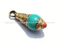 1 PENDANT - Small Ethnic Tibetan Turquoise Resin Charm Pendant with Repousse Brass Floral Caps & Coral Accent - WM5103B-1