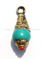 1 PENDANT - Small Ethnic Tibetan Turquoise Resin Charm Pendant with Repousse Brass Floral Caps & Coral Accent - WM5103B-1