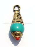 1 PENDANT - Small Ethnic Tibetan Turquoise Resin Charm Pendant with Repousse Brass Floral Caps & Coral Accent - WM5103B-1