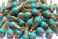 1 PENDANT - Small Ethnic Tibetan Turquoise Resin Charm Pendant with Repousse Brass Floral Caps & Coral Accent - WM5103B-1