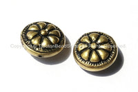 2 BEADS - Tibetan Floral Repousse Brass Beads - Ethnic Handmade Round Button Disc Beads - B1441-2