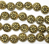 2 BEADS - Tibetan Floral Repousse Brass Beads - Ethnic Handmade Round Button Disc Beads - B1441-2