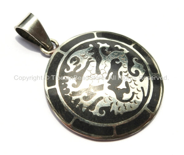 Tibetan Carved Dragon Medallion Pendant with Black Inlay - WM1306-1