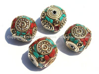 4 beads - Tibetan Thick Cube Beads with Brass Circle, Studs, Turquoise & Coral Inlays - Ethnic Nepal Tibetan Cube Box Shaped Beads - B2008-4