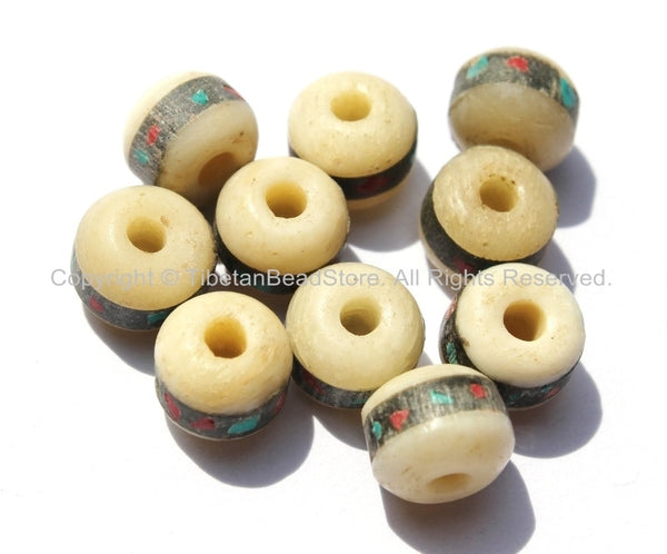 20 BEADS 10mm Tibetan White Bone Beads with Turquoise & Coral Inlays- Handmade Nepal Tibetan Beads - Mala Making Supplies - LPB12-20