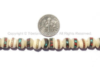 20 BEADS 10mm Tibetan White Bone Beads with Turquoise & Coral Inlays- Handmade Nepal Tibetan Beads - Mala Making Supplies - LPB12-20