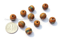 10 beads - 9-10mm Size Tibetan Wood Inlaid Beads with Turquoise & Coral Inlays - LPB15-10