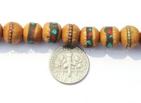 9-10mm Size Tibetan Wooden Prayer Beads - Wood Mala Prayer Beads with Turquoise, Coral, Brass & Copper Inlays - PB15