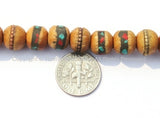 9-10mm Size Tibetan Wooden Prayer Beads - Wood Mala Prayer Beads with Turquoise, Coral, Brass & Copper Inlays - PB15