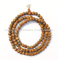 9-10mm Size Tibetan Wooden Prayer Beads - Wood Mala Prayer Beads with Turquoise, Coral, Brass & Copper Inlays - PB15