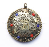Tibetan Kalachakra & Om Mantra Reversible Filigree Brass Pendant with Glass Bead Inlays - Nepal Tibet Buddhist Yoga Jewelry - WM3763