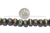 108 beads - Tibetan Dark Bone Mala Prayer Beads with Brass, Copper, Turquoise & Copal Inlays - 10mm size Tibetan Black Bone Mala - PB10 - TibetanBeadStore
