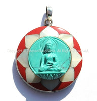 92.5 Sterling Silver & Hand Carved Turquoise Green Resin Buddha Pendant in Hand Carved Shell Pearl and Coral Inlaid Lotus - SS102