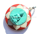 92.5 Sterling Silver & Hand Carved Turquoise Green Resin Buddha Pendant in Hand Carved Shell Pearl and Coral Inlaid Lotus - SS102