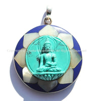 92.5 Sterling Silver & Hand Carved Turquoise Green Resin Buddha Pendant in Hand Carved Shell Pearl and Lapis Inlaid Lotus - SS98