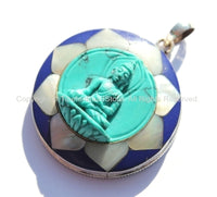 92.5 Sterling Silver & Hand Carved Turquoise Green Resin Buddha Pendant in Hand Carved Shell Pearl and Lapis Inlaid Lotus - SS98