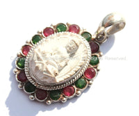 92.5 Sterling Silver & White Buddha Tibetan Pendant with Emerald, Ruby Inlays - Buddhist Buddha Sterling Silver Tibetan Jewelry - SS120
