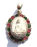 92.5 Sterling Silver & White Buddha Tibetan Pendant with Emerald, Ruby Inlays - Buddhist Buddha Sterling Silver Tibetan Jewelry - SS120