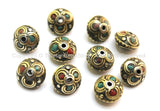 10 BEADS - Tibetan Floral Beads with Brass, Turquoise & Coral Inlays - Ethnic Tribal Tibetan Beads - B1612-10